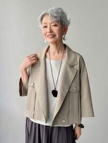 FRIFUL 女士休闲翻领落肩宽松短款外套，适合春秋季日常通勤 - 灰色 - 查看 5