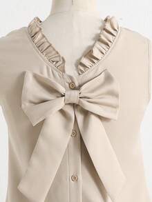 SHEIN Tween Girl Casual Elegant Frill Collar, Bow Back Decor Button Down Sleeveless Woven Solid Color Dress, French Vintage Style,Kids - Apricot - View 6