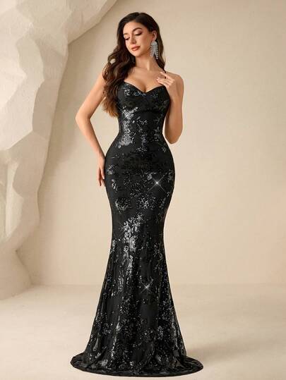 Coutiva Women's Lace Sequin Criss-Cross Backless Sexy Elegant Waist-Cinching Mermaid Dress For Formal Occasions Off-The-Shoulder, Sequined Mermaid-Style Evening Gown Is Suitable For Wedding Guests, Semi-Formal Wear, Cocktail Parties, Graduation Ceremonies, And Other Social Events. Off Shoulder Formal Dress Gowns Glamorous Dress Luxury Dress Sexy Dinner Dress Corset Dress Elegant Elegant Sequin Embellished  Dress, High-End Formal Gown For Banquet Women's Formal Evening Dress Gown (Heavy Embroidery) Women Rhinestone Embellished Sheer Black Long Evening Gown, Wedding Guest Dress, Elegant Evening Dress, Prom Dress, For Wedding Dress Waist And Chest Slimming, Party Dress, Formal Dress Evening Elegant Dresses Gala Dress Elegant