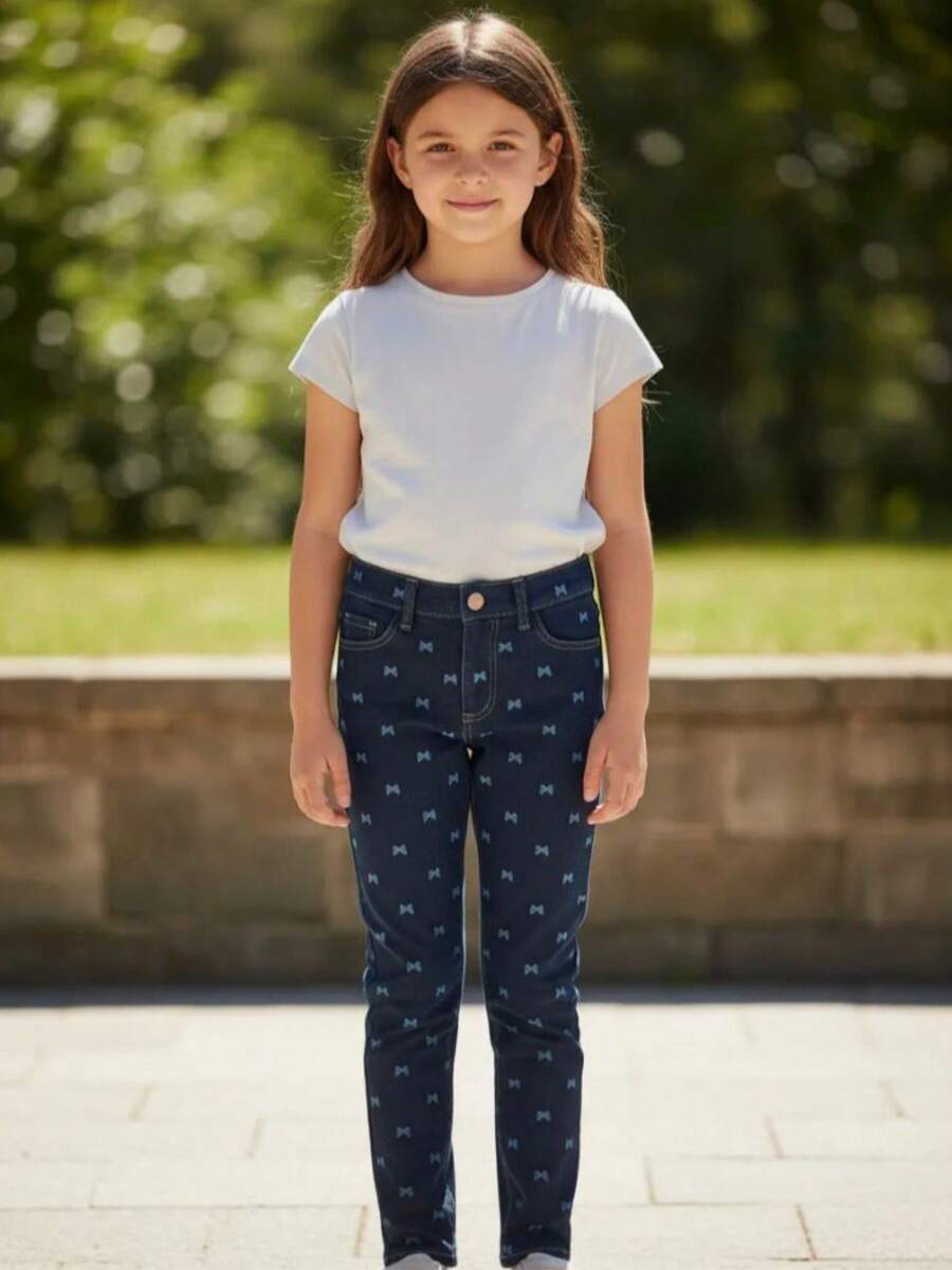 Pantalón Skinny Stretch para Niña con Estampado de Mariposas - Azul lavado oscuro - Ver 1