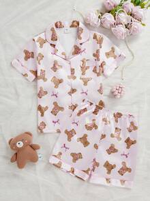 Set Piyama Musim Panas 2pcs untuk Anak Perempuan, Kasual dan Nyaman, Motif Beruang, Atasan Polo Lengan Pendek dan Celana Pendek. - Berwarna merah muda - View 6
