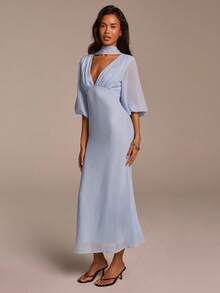 COSMINA 女士优雅雪纺浅蓝色深V领荷叶边泡泡袖鱼尾长裙，纯色休闲优雅度假派对婚礼宾客伴娘礼服 - 淺藍色 - 查看 6