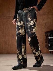 AKNOTIC Business Casual 扎染复古个性男士梭织长款中腰直筒西装裤，适合夏季穿着，毕业礼物 - 黑色 - 查看 3