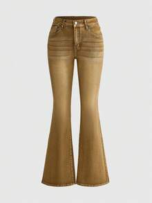 ROMWE Fairycore Women's Y2K Vintage Skeleton Wing Embroidered Rhinestone Flare Jeans - Brown - View 2