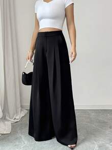 Elenzga Summer New High Waist Versatile Pleated Design Loose Draping Wide Leg Pants For Women - Black - View 5