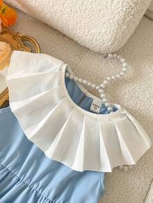 SHEIN Vestido holgado con volantes en el bajo y contraste de color tejido, adecuado para primavera y verano para niña joven - Azul - Ver 8