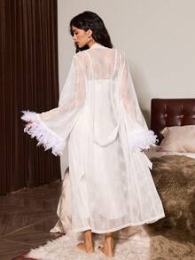 Slumberist Women's Sleepwear Set: Elegant Draped Neck Faux Silk Nightgown, Luxurious Furry Plaid Lace Robe With Extra-Large Sleeves, Bridesmaid Dress Wedding Ceremony Outfit - White - View 2
