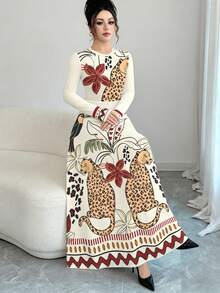 Modelyn Đầm dài tay cổ tròn, dáng chữ A, họa tiết da báo và hoa lá, thời trang dành cho nữ, thích hợp cho mùa xuân/thu. - Nhiều màu - Xem 3