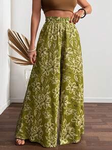 Women, Spring, Summer, Vacation, Pant, Long Length, Wide Leg, Boho, Elastic Belt, Pocket - Multicolor - View 1