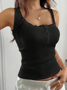 Almamuse Áo tank top nữ màu hồng nhạt thanh lịch, viền ren, dáng ôm, cài 3 nút, thích hợp mặc hàng ngày/đi học/nghỉ hè. Áo đen mùa hè, áo đen ôm dáng, áo corset nữ, áo đen gợi cảm, áo đen dễ thương, áo đen thanh lịch cho nữ, áo hai dây cho nữ, áo nữ mùa hè. - màu đen - Xem 8
