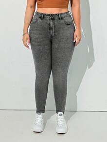 SHEIN Cottnline بنطلون جينز نحيف عالي الخصر مقاس كبير باللون الأزرق الفاتح - رمادي - مشاهدة 5