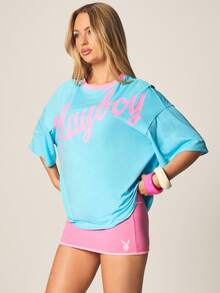 Missguided x Playboy Women's Oversized Graphic Tee Short Sleeve Crew Neck Casual Statement Top With Pink Text Print - Blue - View 4