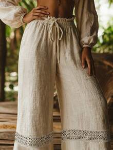 Quần dài ống rộng màu trơn, cạp chun, phối ren, chất liệu cotton pha. - Màu Khaki - Xem 4