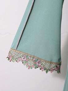 Teenage Girls Elegant Floral Lace Trim Robe, Girls Loose V-Neck Ruffle Trim Long Sleeve Robe, Children Turkish Robe, Arabic Robe, Dignified Lace Robe, Dubai Robe, Women Spring Autumn Winter Clothing - Olive Green - View 4