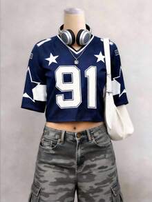 SHEIN Teen Girls' Blue Ribbed V-Neck Contrast Color Numeric & Star Print Loose Fit Sweatshirt T-Shirt Girls Football Jersey Kids Football Jersey Football Jersey Youth Football Jersey Girls Football Shirt - Navy Blue - View 7