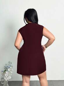 Firerie Plus Size Women's Burgundy Summer Elegant Formal Dress,V-Neck Ruched Metal Flower Decor A-Line Short Sleeve Chic Office Work Commute Dresses - Rose Red - View 2