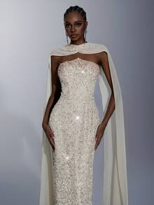 Elitara 优雅简约的荒原风钩针亮片不对称弧形胸衣，搭配奢华手工串珠高腰修身直筒裙，后开衩（可拆卸雪纺荷叶边），适合各种正式场合，如晚礼服、约会、婚礼（重工装饰） - 杏色 - 查看 6