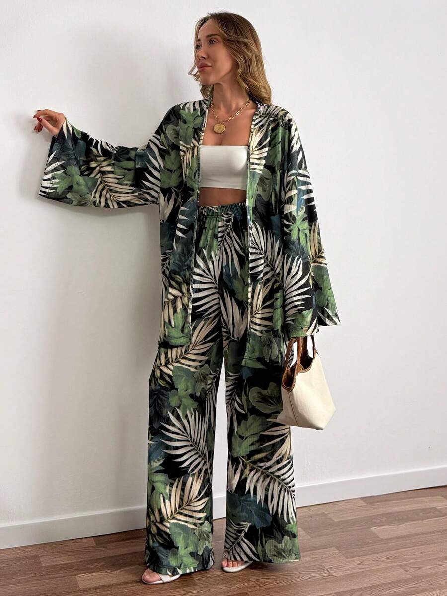 Cloudara Bohemian Printed High Waist Two Pieces Set – Long Sleeve Kimono Top & Wide Leg Pants - Multicolor - View 1