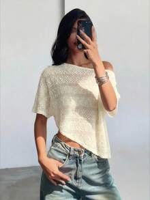 Aloruh Áo nữ tay ngắn, vai lệch, màu trơn, dáng rộng, thích hợp mặc mùa hè. - Màu be - Xem 7