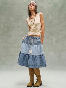 Bohemela Áo tank top nữ dệt kim cổ ren kẻ sọc dáng rộng, lưng thun co giãn, thích hợp cho ngày Valentine, kỳ nghỉ, mùa hè, thanh lịch, mùa xuân. - Màu vàng - Xem 7