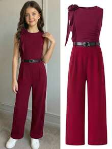 SHEIN 少女深V领酒红色连体裤，通勤及日常穿着的时尚女童连体裤 - 酒紅色 - 查看 7