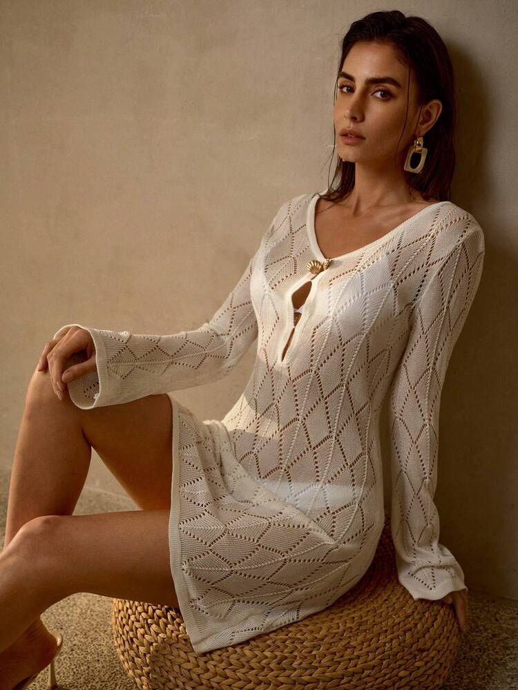 WOMEN'S BEACH VACATION HOLLOW-OUT KNITTED LONG SLEEVE COVER-UP DRESS