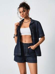 SHEIN Women Denim Shirt And Short Set Oversize Short Sleeve Shirt And Short Summer Denim Two Pieces Set Dark Blue Washed - Dark Wash - View 6