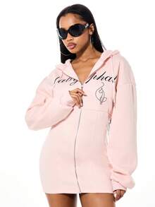 BABYPHAT Vestido corto con capucha y cremallera con estampado de logo frontal y cordón, estilo casual de ropa de estar en casa de talla grande - Rosa Pálido - Ver 1