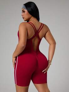 SHEIN Sports 大码女式露背交叉设计连体衣 - 玫紅色 - 查看 3