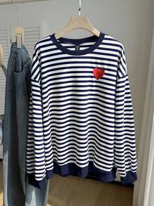 SHEIN EZwear 大码休闲藏蓝色条纹爱心刺绣卫衣，秋季款 - 藏蓝色 - 查看 4
