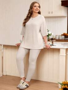 EMERY ROSE 两件套加大码女装春季休闲纯色圆领T恤上衣和打底裤 - 杏色 - 查看 1