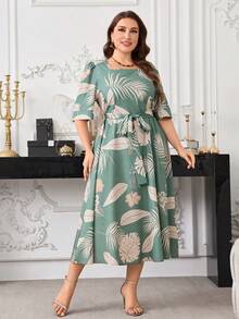 Modelyn Women's Square Neck Short Sleeve Printed Elegant Plus Size Dress - Green - View 5