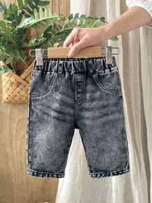 Vintaside Kids Vintage Style Newborn Baby Denim Pants,Classic Washed Blue Loose Fit Jeans With Fake Pockets,Full Elastic Waistband & Button Closure,Comfortable Retro - Light Grey - View 5