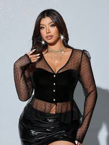 Viva Relle Plus Size Women Sexy V-Neck Front Button Sheer Long Sleeve Blouse - Black - View 4