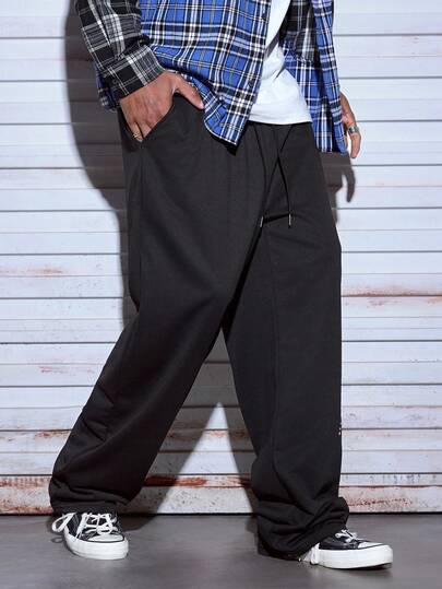 Modcrash Men's Black Draped Wide Leg Pants With Drawstring Design, Loose Casual Trousers Summer Outfits,Suitable For Everyday Wear,Relaxed Fit ,Summer Holiday Outfits