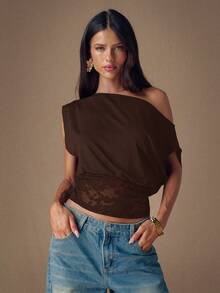 SHEIN BAE Black Knit Lace Patchwork Oblique Shoulder Fashionable Women Top, Autumn/Winter - Coffee Brown - View 6