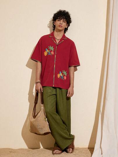 Felipe Marques Men's Tropical Print Lapel Collar Loose Fit Vacation Shirt, Summer