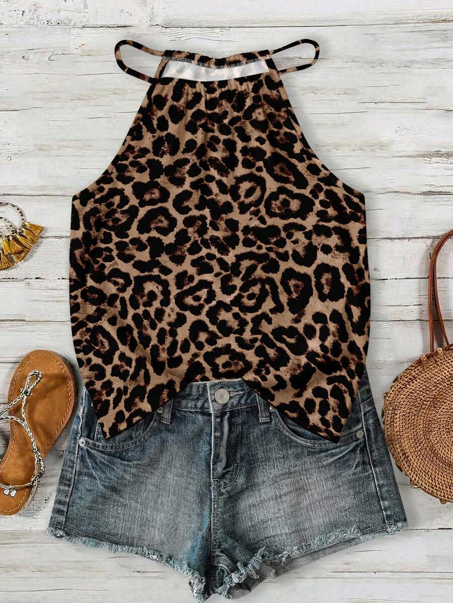 EMERY ROSE Plus Size Women Vintage Leopard Print Halter Neck Camisole, Suitable For Summer Music Festivals And Vacation - Multicolor - View 1
