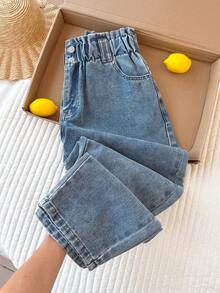 Comfortcana Plus Size Women Waist Button Design Pockets Straight Leg Casual Jeans Summer Spring Festival For Beach Vacation Elastic Vintage Washed Jeans - Light Wash - View 1
