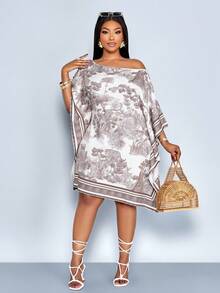 SOLERSUN 大码女装春夏时尚，优雅性感休闲度假风，中长连衣裙，斜肩设计，不对称肩部，露肩方巾，复古森林动物图案，定位印花，织纹印花，适合日常穿着、购物、约会、女友装、婚礼宾客装、度假装，尽显高贵典雅，低调奢华的度假风情 - 咖啡棕 - 查看 1