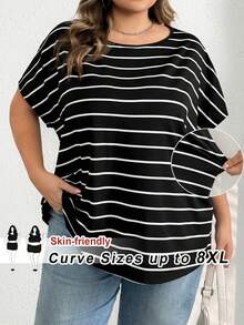 SHEIN CURVE+ 加大码夏季休闲黑白条纹短袖圆领T恤/2026/新年 - 黑與白 - 查看 10