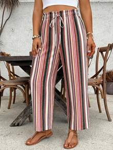 SHEIN VCAY 大码女式宽松休闲条纹裤，系带腰身，荷叶边裤脚，夏季波西米亚风长裤，阔腿裤，高腰阔腿裤 - 彩色 - 查看 1