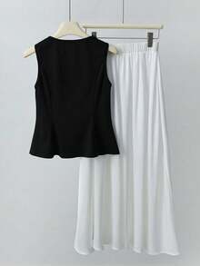 Franclia Conjunto de 2 piezas de blusa sin mangas con volantes en el bajo y decoración floral + vestido blanco de línea A de largo medio, para uso casual, fiesta, diario, oficina, citas - Blanco y Negro - Ver 2