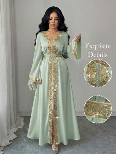 Elenzga Women's Elegant V-Neck Flare Sleeve Gold Lace Waist A-Line Long Dress With Sheen, Suitable For Early Spring