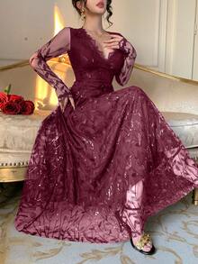 春夏闪亮水钻优雅蕾丝中长连衣裙，修身腰身，适合情人节、婚礼、派对、正式场合，黑色 - 酒紅色 - 查看 2