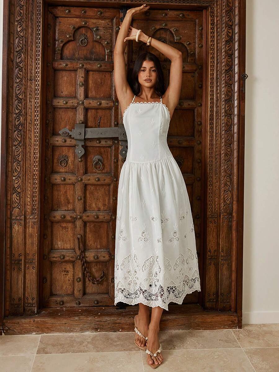 Enchnt Women's White Summer Tropical Garden Party Holiday Vacation Hollow Embroidery Spaghetti Strap Backless Maxi Dress,Elegant Wedding Guest Beach Outfits - White - View 1