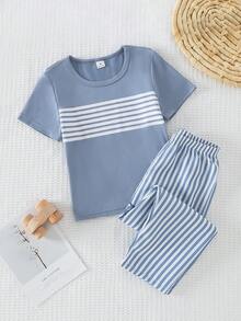 2pcs Young BoyCasual Striped Round Neck Comfortable Sweatshirt And Striped Woven Pants Pajama Set - Multicolor - View 6
