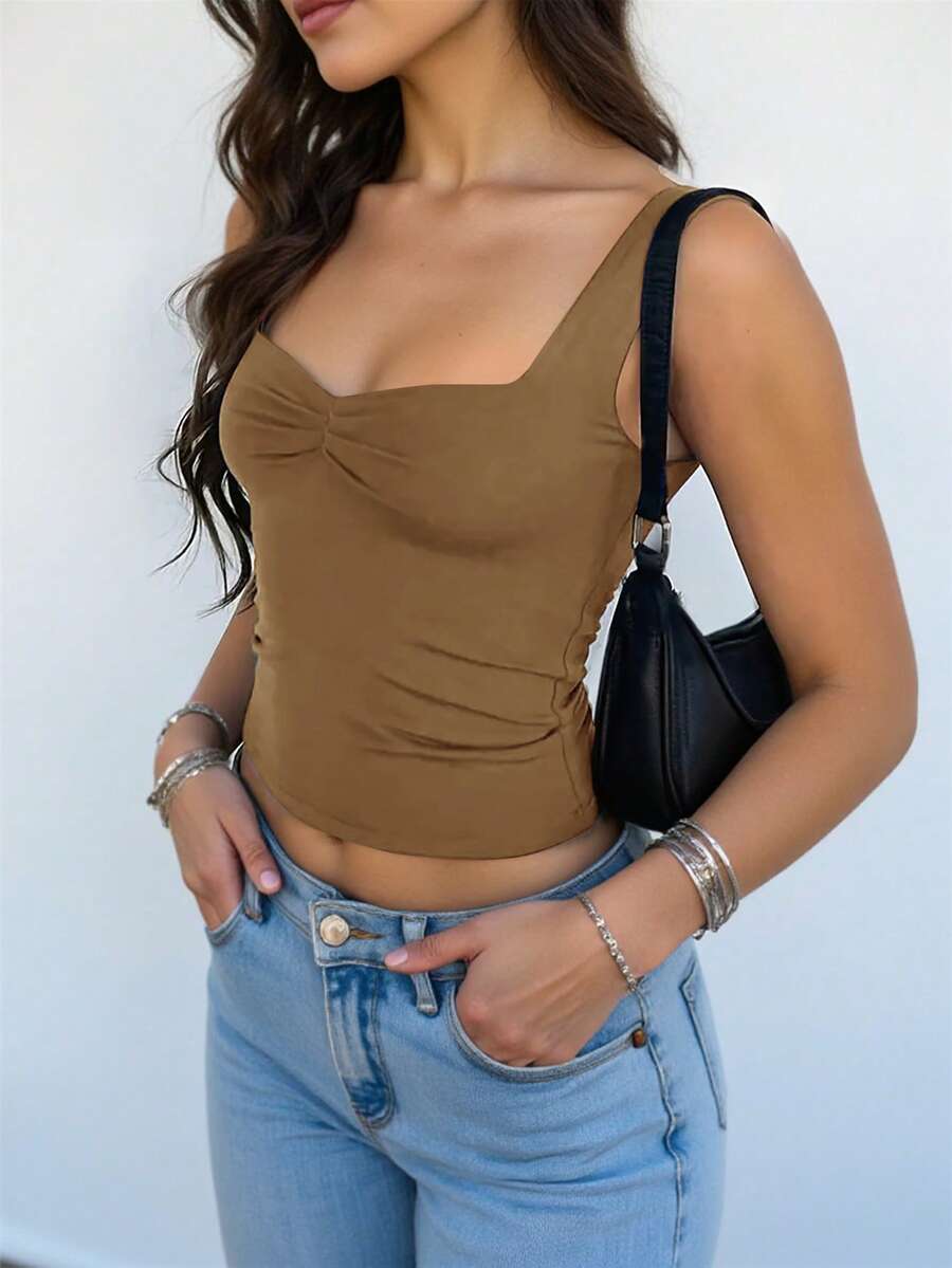 Rina Fox Women's Casual Solid Color Fitted Tank Top, Summer - Brown - View 1