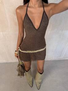 TRNVIE 复古V领露背串珠蕾丝迷你连衣裙，女士，春夏款 - 咖啡 - 查看 1
