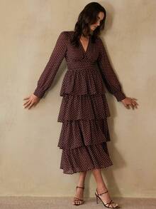 Revavyn 优雅复古法式浪漫波点V领收腰叠层连衣裙，适合日常、度假、约会，尽显女性魅力。 - 彩色 - 查看 5